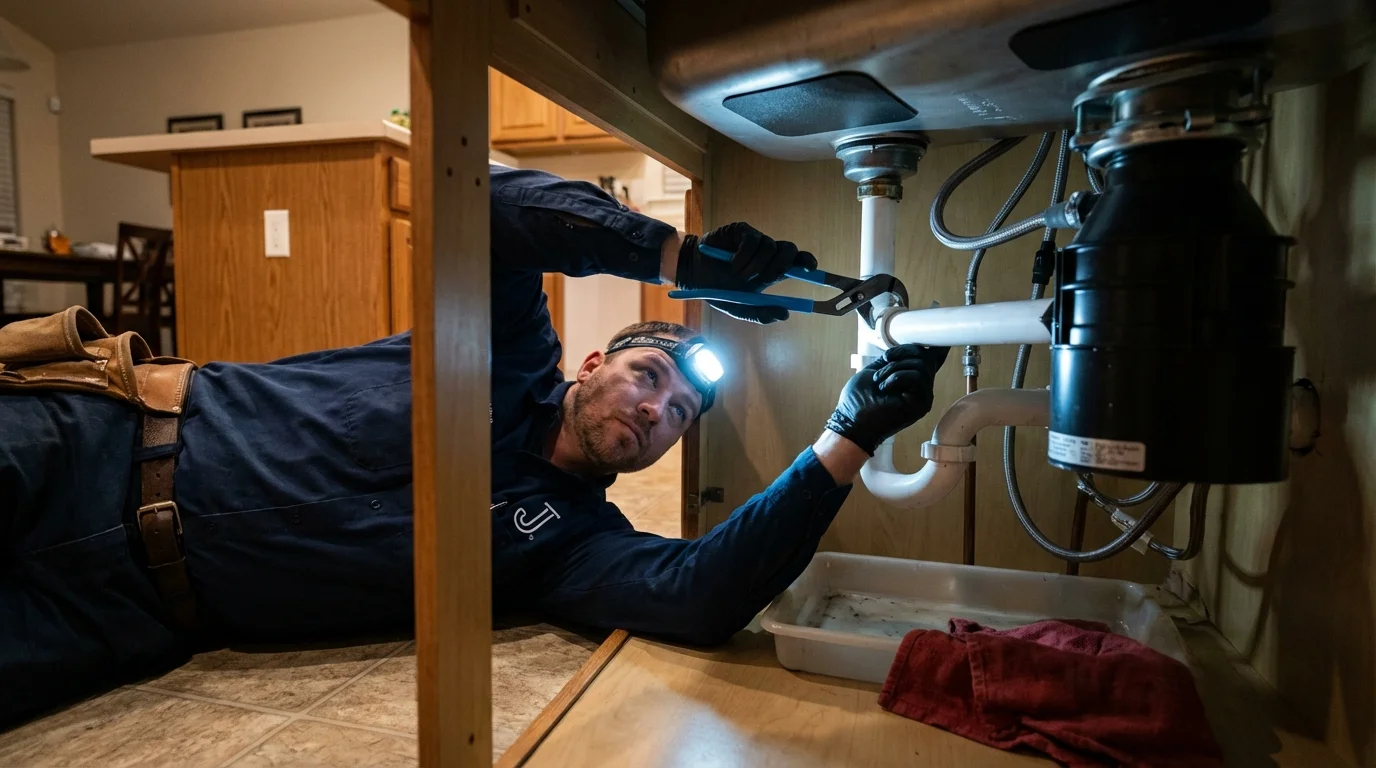 P-trap and supply line connections under a kitchen sink showing a common leak point in Copperas Cove, TX